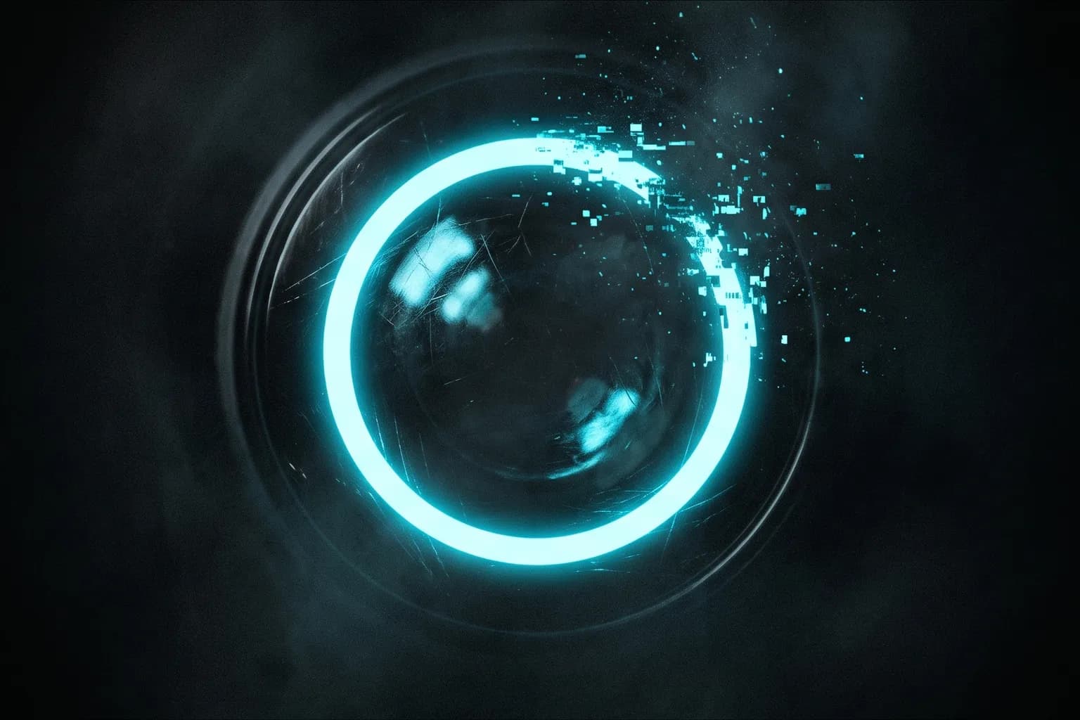 Key art: a cyan machine eye in the dark, one side of its glowing ring breaking apart into glitch fragments