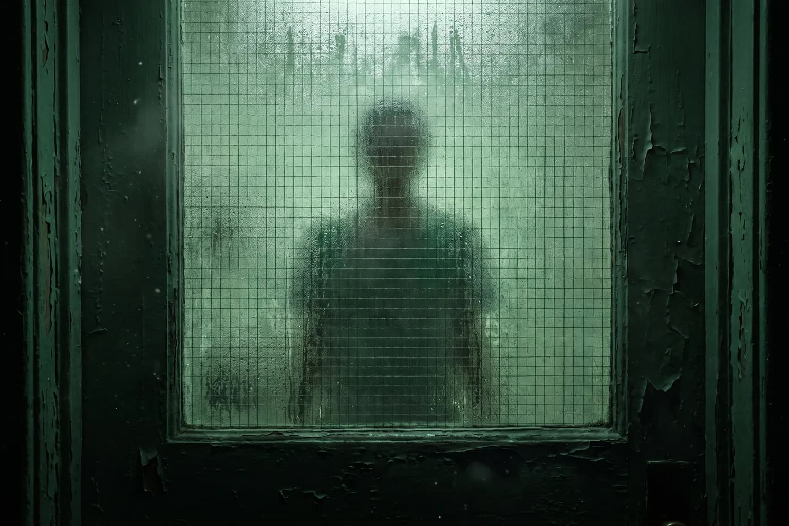 Key art: a figure standing motionless behind the frosted glass panel of a ward door, lit cold green