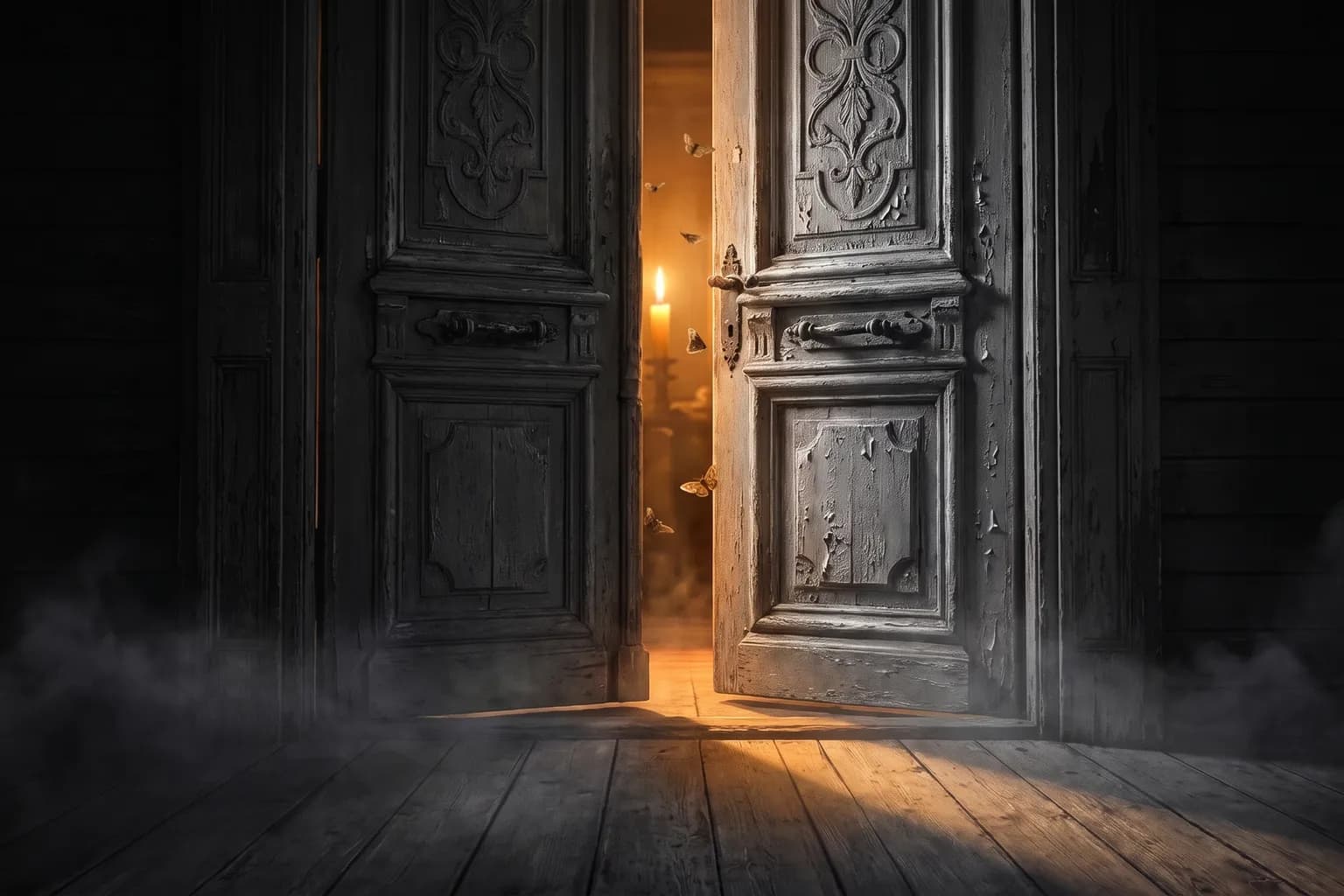 Key art: the walawwa’s carved double doors ajar at night, candlelight spilling through the gap as moths gather